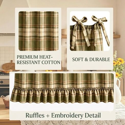 Farmhouse Oven Skirt, Green Handmade Oven Curtain for Stove, Vintage Cotton Blend Oven Skirt Curtain for Farmhouse Cottage Dishwasher Kitchen Decor, with Ruffles and Ribbon Ties (Green) in Kuwait