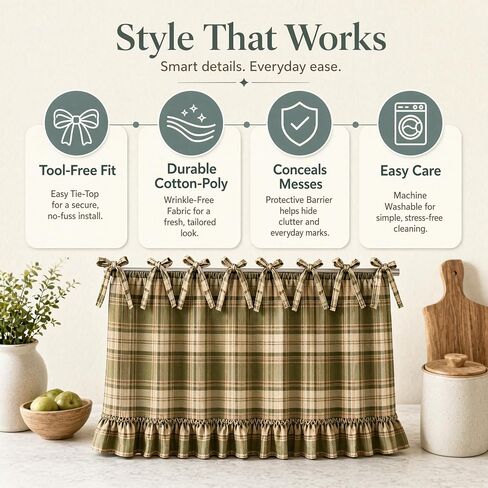 Farmhouse Oven Skirt, Green Handmade Oven Curtain for Stove, Vintage Cotton Blend Oven Skirt Curtain for Farmhouse Cottage Dishwasher Kitchen Decor, with Ruffles and Ribbon Ties (Green) in Kuwait