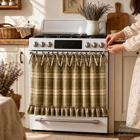 Farmhouse Oven Skirt, Green Handmade Oven Curtain for Stove, Vintage Cotton Blend Oven Skirt Curtain for Farmhouse Cottage Dishwasher Kitchen Decor, with Ruffles and Ribbon Ties (Green) in Kuwait