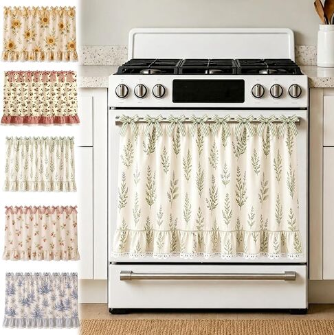 Farmhouse Oven Skirt, Green Handmade Oven Curtain for Stove, Vintage Cotton Blend Oven Skirt Curtain for Farmhouse Cottage Dishwasher Kitchen Decor, with Ruffles and Ribbon Ties (Green) in Kuwait