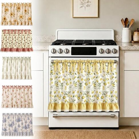 Farmhouse Oven Skirt, Green Handmade Oven Curtain for Stove, Vintage Cotton Blend Oven Skirt Curtain for Farmhouse Cottage Dishwasher Kitchen Decor, with Ruffles and Ribbon Ties (Green) in Kuwait