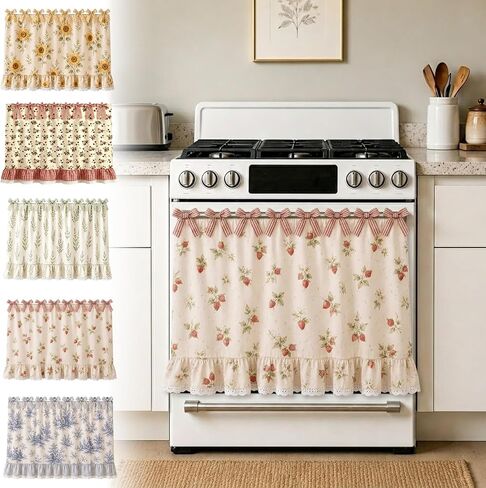 Farmhouse Oven Skirt, Green Handmade Oven Curtain for Stove, Vintage Cotton Blend Oven Skirt Curtain for Farmhouse Cottage Dishwasher Kitchen Decor, with Ruffles and Ribbon Ties (Green) in Kuwait