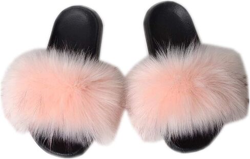 QMFUR Women's Vegan Faux Fur Slippers Fuzzy Slides Fluffy Sandals Open Toe Indoor Outdoor in Saudi Arabia