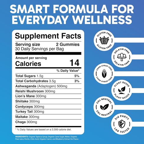 Mushroom Gummies for Focus & Energy – Lion’s Mane, Reishi, Chaga & Cordyceps + Ashwagandha – 2600mg 10:1 Extract – Fruiting Body – Daily Performance Supplement – 60 Count in Kuwait