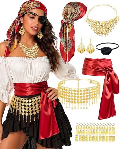 Pirate Costume Accessories for Women Wide Gold Coin Waist Chain, Dangling Coin Necklace & Earrings, Satin Head Scarf, Red Sash, Eye Patch & Hair Beads Halloween Cosplay Party Outfit in Saudi Arabia