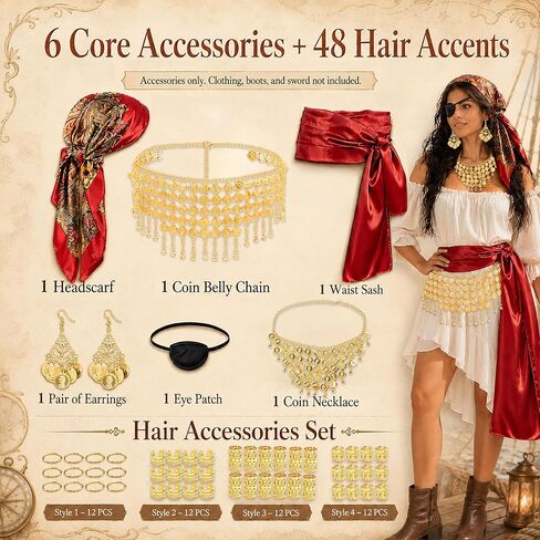 Pirate Costume Accessories for Women Wide Gold Coin Waist Chain, Dangling Coin Necklace & Earrings, Satin Head Scarf, Red Sash, Eye Patch & Hair Beads Halloween Cosplay Party Outfit in Saudi Arabia