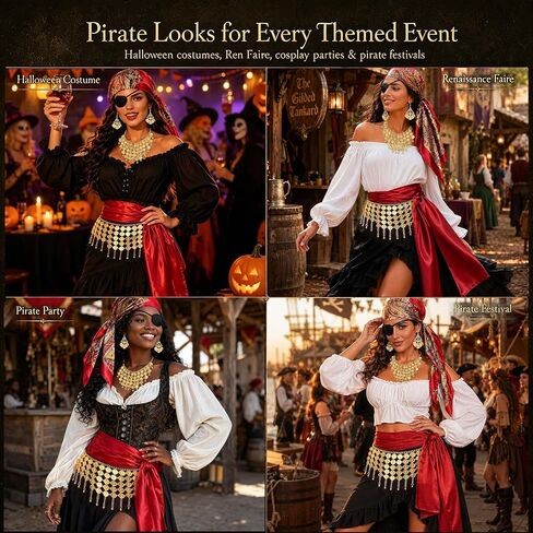 Pirate Costume Accessories for Women Wide Gold Coin Waist Chain, Dangling Coin Necklace & Earrings, Satin Head Scarf, Red Sash, Eye Patch & Hair Beads Halloween Cosplay Party Outfit in Saudi Arabia
