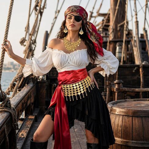 Pirate Costume Accessories for Women Wide Gold Coin Waist Chain, Dangling Coin Necklace & Earrings, Satin Head Scarf, Red Sash, Eye Patch & Hair Beads Halloween Cosplay Party Outfit in Saudi Arabia