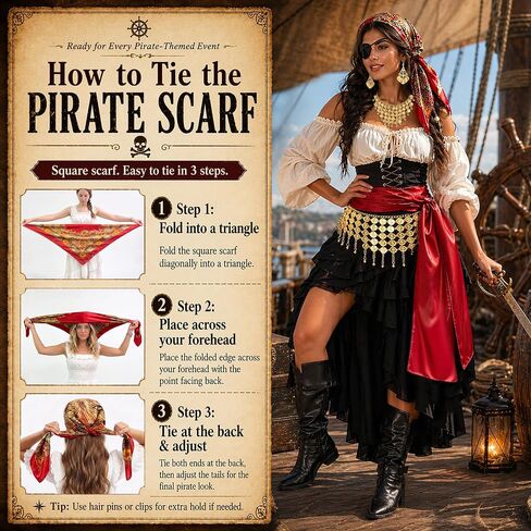 Pirate Costume Accessories for Women Wide Gold Coin Waist Chain, Dangling Coin Necklace & Earrings, Satin Head Scarf, Red Sash, Eye Patch & Hair Beads Halloween Cosplay Party Outfit in Saudi Arabia