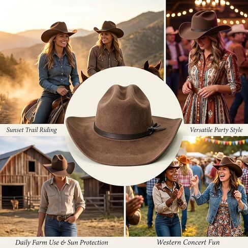 SeptCity 100% Wool Cowboy Hat for Women, Brown Premium Felt Western Hat with Wide Brim, Adjustable Sombrero Vaquero for Country Concerts, Festivals & Outdoor in Saudi Arabia