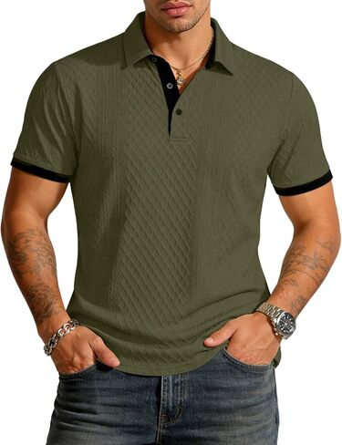 UOUA Mens Summer Short Sleeve Casual Polo Shirt Classic Button Textured Golf T Shirts Beach Vacation Top in Saudi Arabia