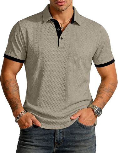 UOUA Mens Summer Short Sleeve Casual Polo Shirt Classic Button Textured Golf T Shirts Beach Vacation Top in Saudi Arabia