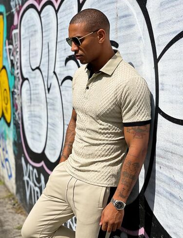 UOUA Mens Summer Short Sleeve Casual Polo Shirt Classic Button Textured Golf T Shirts Beach Vacation Top in Saudi Arabia