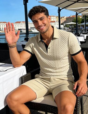 UOUA Mens Summer Short Sleeve Casual Polo Shirt Classic Button Textured Golf T Shirts Beach Vacation Top in Saudi Arabia