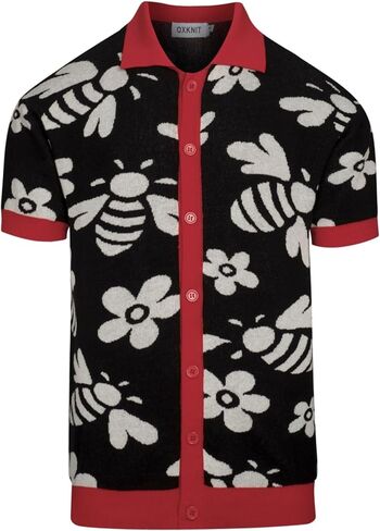 OXKNIT Men's Knit Short Sleeve Shirts Button Down Vintage Knitted Polo Shirt Bee Patterns Cotton Red and Black Polo in Kuwait