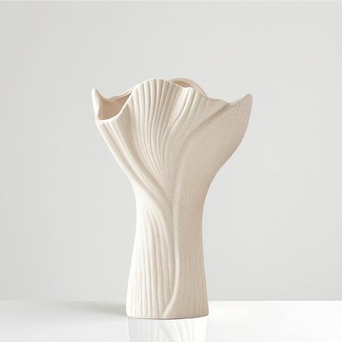Ceramic Vase for Home Decor, 9 Inch Matte Beige Textured Flower Vase with Wavy Rim, Modern Farmhouse Ribbed Vase for Fresh/Dried Flowers, Boho Decor for Living Room, Table Centerpiece (Off-White) in Saudi Arabia