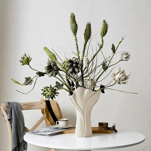 Ceramic Vase for Home Decor, 9 Inch Matte Beige Textured Flower Vase with Wavy Rim, Modern Farmhouse Ribbed Vase for Fresh/Dried Flowers, Boho Decor for Living Room, Table Centerpiece (Off-White) in Saudi Arabia