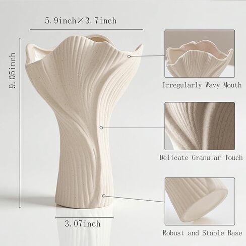 Ceramic Vase for Home Decor, 9 Inch Matte Beige Textured Flower Vase with Wavy Rim, Modern Farmhouse Ribbed Vase for Fresh/Dried Flowers, Boho Decor for Living Room, Table Centerpiece (Off-White) in Saudi Arabia