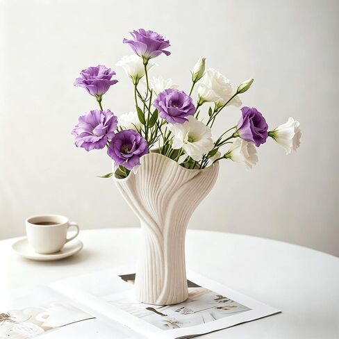 Ceramic Vase for Home Decor, 9 Inch Matte Beige Textured Flower Vase with Wavy Rim, Modern Farmhouse Ribbed Vase for Fresh/Dried Flowers, Boho Decor for Living Room, Table Centerpiece (Off-White) in Saudi Arabia