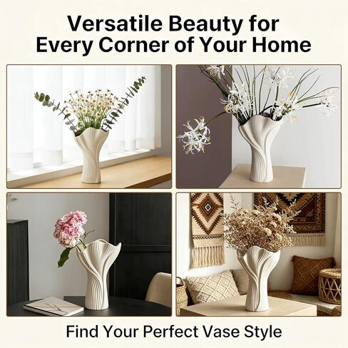 Ceramic Vase for Home Decor, 9 Inch Matte Beige Textured Flower Vase with Wavy Rim, Modern Farmhouse Ribbed Vase for Fresh/Dried Flowers, Boho Decor for Living Room, Table Centerpiece (Off-White) in Saudi Arabia