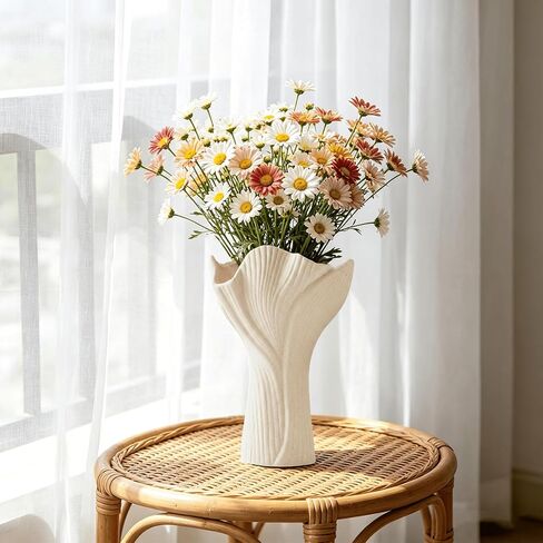 Ceramic Vase for Home Decor, 9 Inch Matte Beige Textured Flower Vase with Wavy Rim, Modern Farmhouse Ribbed Vase for Fresh/Dried Flowers, Boho Decor for Living Room, Table Centerpiece (Off-White) in Saudi Arabia