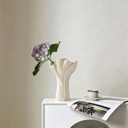 Ceramic Vase for Home Decor, 9 Inch Matte Beige Textured Flower Vase with Wavy Rim, Modern Farmhouse Ribbed Vase for Fresh/Dried Flowers, Boho Decor for Living Room, Table Centerpiece (Off-White) in Saudi Arabia