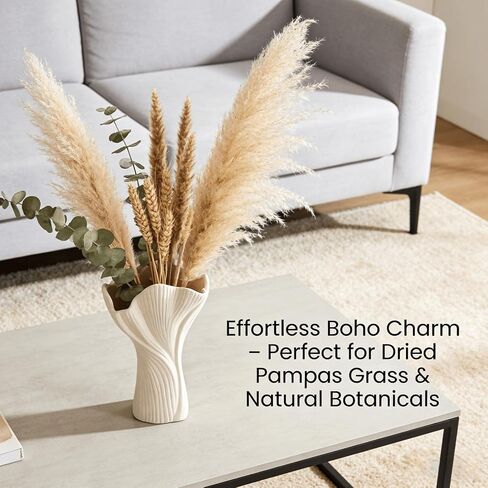 Ceramic Vase for Home Decor, 9 Inch Matte Beige Textured Flower Vase with Wavy Rim, Modern Farmhouse Ribbed Vase for Fresh/Dried Flowers, Boho Decor for Living Room, Table Centerpiece (Off-White) in Saudi Arabia