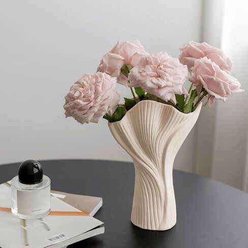 Ceramic Vase for Home Decor, 9 Inch Matte Beige Textured Flower Vase with Wavy Rim, Modern Farmhouse Ribbed Vase for Fresh/Dried Flowers, Boho Decor for Living Room, Table Centerpiece (Off-White) in Saudi Arabia