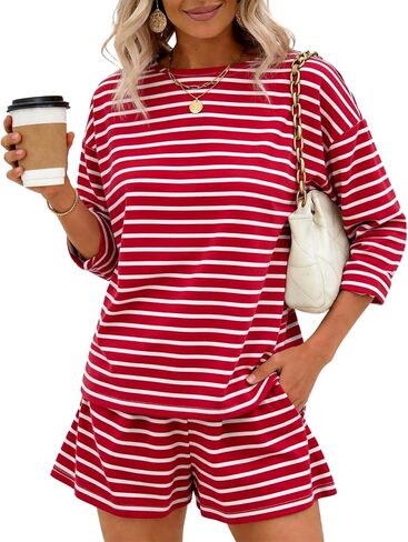 Flygo Striped 2 Piece Short Sets for Women Casual Cotton Long Sleeve Pullover Top Matching Pj Shorts Lounge Sets with Pockets in Kuwait