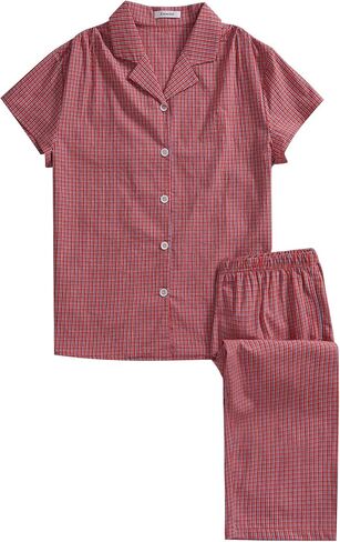 Women's Cotton Capri Pajama Set Plaid Button Down Shirt Capris Pjs Sets in Saudi Arabia