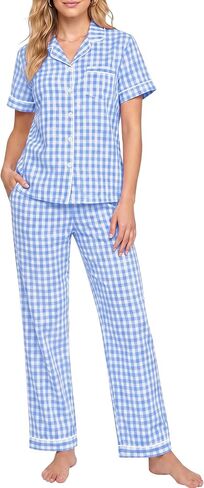 SWOMOG Women 100% Cotton Pajamas Set 2PCS Button-Down Sleepwear Tops and Pants with Pocket Summer Loungewear S-XXL in Kuwait