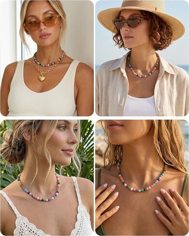 Trinckle Chunky Beaded Necklaces for Women, Colorful and White Beaded Necklaces for Summer, Adjustable Resin Statement Bead Choker Necklaces, Trendy Boho Beach Summer Jewelry Vacation Gift for Her in Saudi Arabia