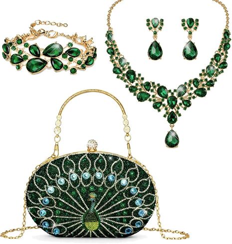 Women Luxury 4 Pcs Crystal Peacock Purse Sparkly Rhinestone Jewelry Set for Wedding Bridal Handbag in Saudi Arabia