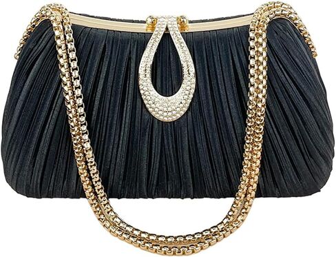 Pleated Clutch Purse for Women, 4-Way Wear Gold Evening Bag with Rhinestone Handle, Elegant Satin Bag in Saudi Arabia