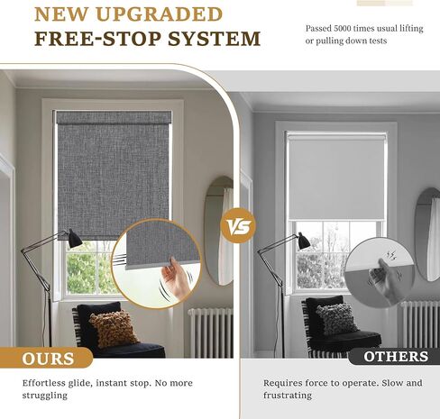 Grandekor Free-Stop Blackout Roller Shades for Windows,Hemp-Dark Gray 27"x72"|100% Blackout Blinds for Indoor, Textured Fabrics Cordless Blinds, UV Protection Shades for Home Office,Living Room in Saudi Arabia