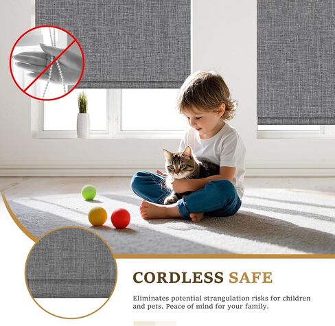 Grandekor Free-Stop Blackout Roller Shades for Windows,Hemp-Dark Gray 27"x72"|100% Blackout Blinds for Indoor, Textured Fabrics Cordless Blinds, UV Protection Shades for Home Office,Living Room in Saudi Arabia