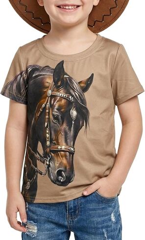 Toddler Boy Western Horse T-Shirt - Little Kids Rodeo Cowboy Short Sleeve Shirts Funny 3D Graphic Casual Summer Tee in Saudi Arabia