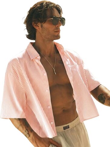 GORGLITTER Men's Striped Cropped T Shirt Button Down Up Y2k Short Sleeve Collar Oversized Tops in Saudi Arabia