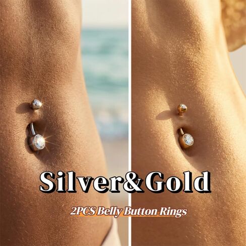 TOPBRIGHT G23 Titanium 14G Belly Button Rings - Internally Threaded Curved Barbell Hypoallergenic Navel Piercing Jewelry Gold Silver 2Pcs Set for Women 6mm 8mm 10mm 12mm 14mm 16mm in Saudi Arabia