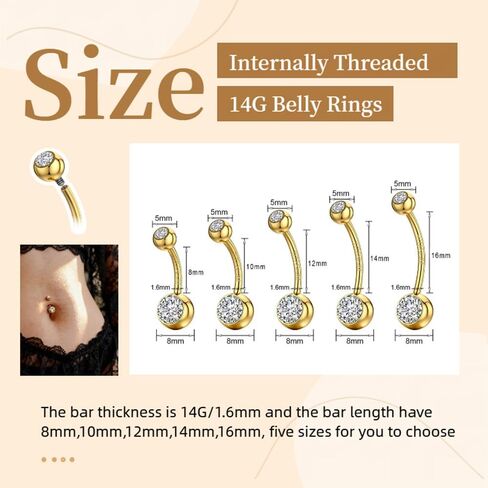 TOPBRIGHT G23 Titanium 14G Belly Button Rings - Internally Threaded Curved Barbell Hypoallergenic Navel Piercing Jewelry Gold Silver 2Pcs Set for Women 6mm 8mm 10mm 12mm 14mm 16mm in Saudi Arabia