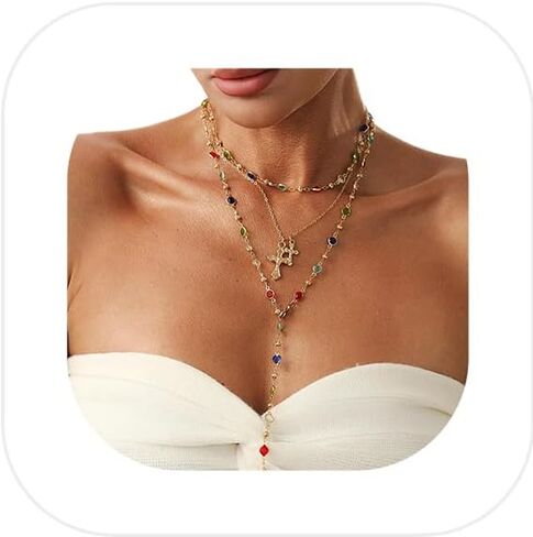 3Pcs Layered Colorful Crystal Choker Necklace,Multi-layered Long Crystal Clavicle Chain Necklace Women Festival Rave Cross Pendant Chest Chain Jewelry in Kuwait