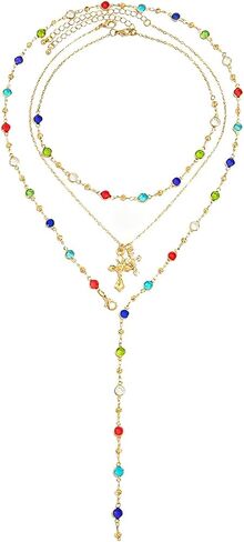 3Pcs Layered Colorful Crystal Choker Necklace,Multi-layered Long Crystal Clavicle Chain Necklace Women Festival Rave Cross Pendant Chest Chain Jewelry in Kuwait