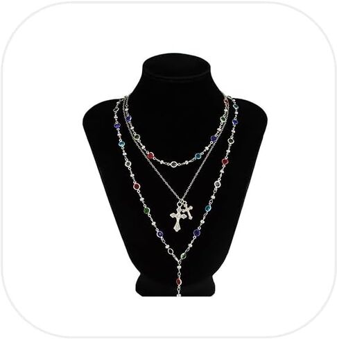 3Pcs Layered Colorful Crystal Choker Necklace,Multi-layered Long Crystal Clavicle Chain Necklace Women Festival Rave Cross Pendant Chest Chain Jewelry in Kuwait