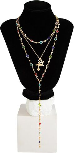 3Pcs Layered Colorful Crystal Choker Necklace,Multi-layered Long Crystal Clavicle Chain Necklace Women Festival Rave Cross Pendant Chest Chain Jewelry in Kuwait
