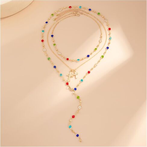 3Pcs Layered Colorful Crystal Choker Necklace,Multi-layered Long Crystal Clavicle Chain Necklace Women Festival Rave Cross Pendant Chest Chain Jewelry in Kuwait