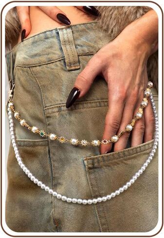 Pearl Wallet Chains for Men Women, Cross Pearl Rhinestone Flower Layered Gold Plated Bag Charms, Y2k Hip Hop Pants Chain with Colorful Gems, Jean Jewelry Accessories in Saudi Arabia