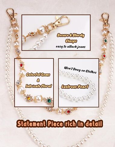 Pearl Wallet Chains for Men Women, Cross Pearl Rhinestone Flower Layered Gold Plated Bag Charms, Y2k Hip Hop Pants Chain with Colorful Gems, Jean Jewelry Accessories in Saudi Arabia