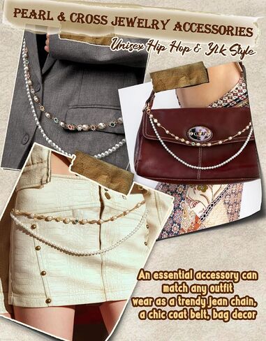 Pearl Wallet Chains for Men Women, Cross Pearl Rhinestone Flower Layered Gold Plated Bag Charms, Y2k Hip Hop Pants Chain with Colorful Gems, Jean Jewelry Accessories in Saudi Arabia