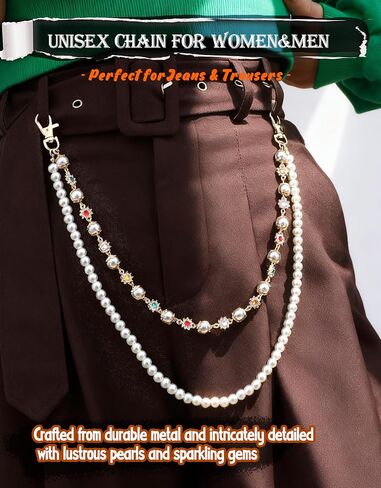Pearl Wallet Chains for Men Women, Cross Pearl Rhinestone Flower Layered Gold Plated Bag Charms, Y2k Hip Hop Pants Chain with Colorful Gems, Jean Jewelry Accessories in Saudi Arabia