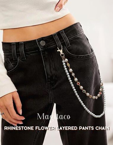 Pearl Wallet Chains for Men Women, Cross Pearl Rhinestone Flower Layered Gold Plated Bag Charms, Y2k Hip Hop Pants Chain with Colorful Gems, Jean Jewelry Accessories in Saudi Arabia